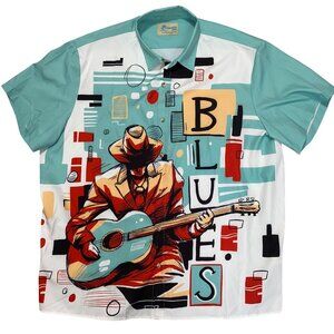 Hawaiian Shirt 3XL Blues Music Graphic Button Up Jazz Guitar Retro Vibe Folk Art